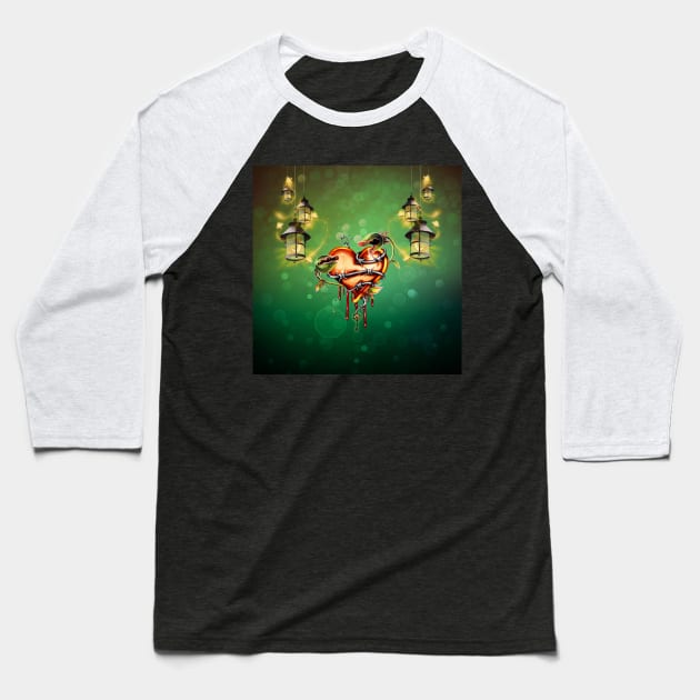 Heart with Barbed Wire and fantasy flowers Baseball T-Shirt by Nicky2342